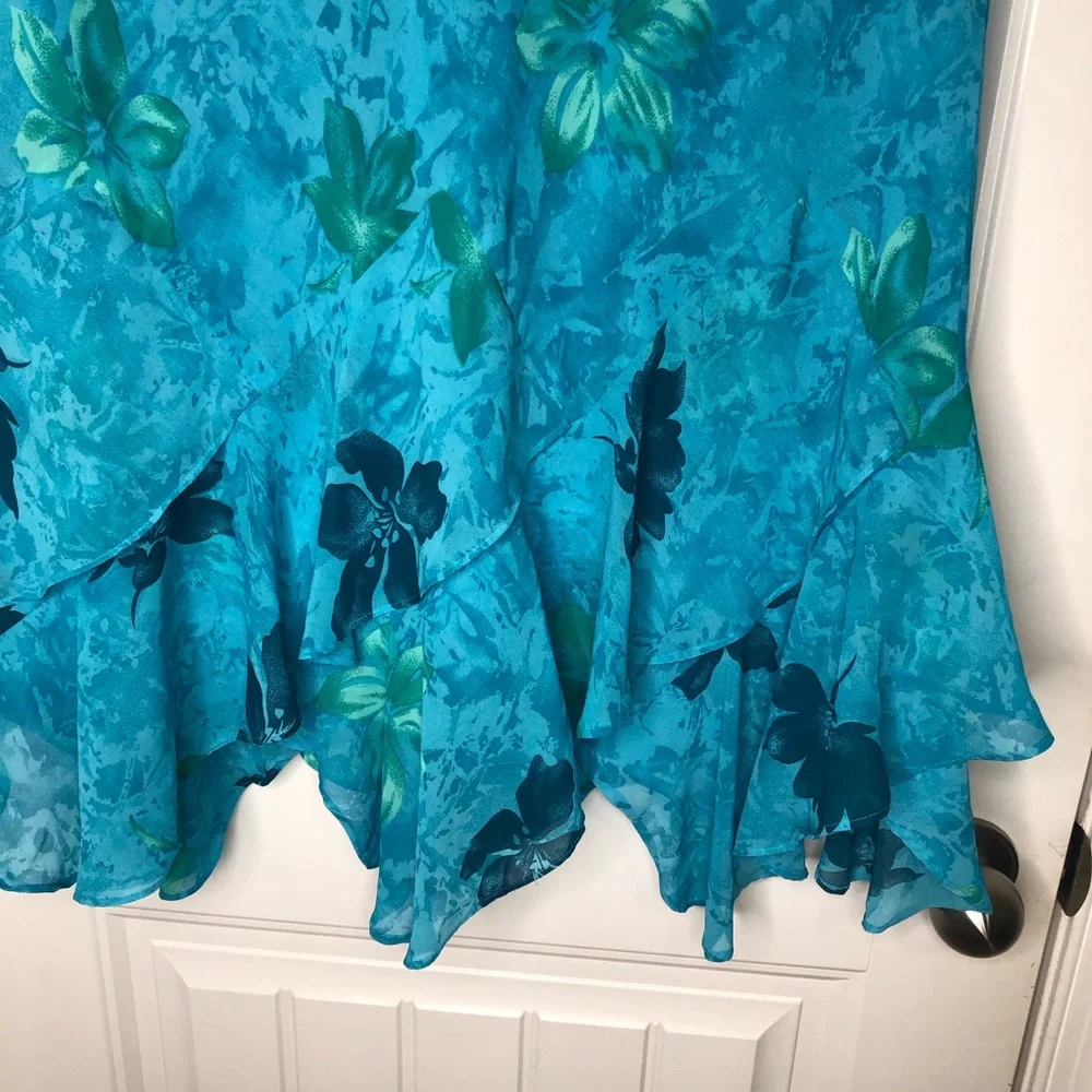 VINTAGE Y2K Fairy Floral Hawaii Tropical Ruffle Midi Skirt Blue and Green XL - Picture 4 of 11